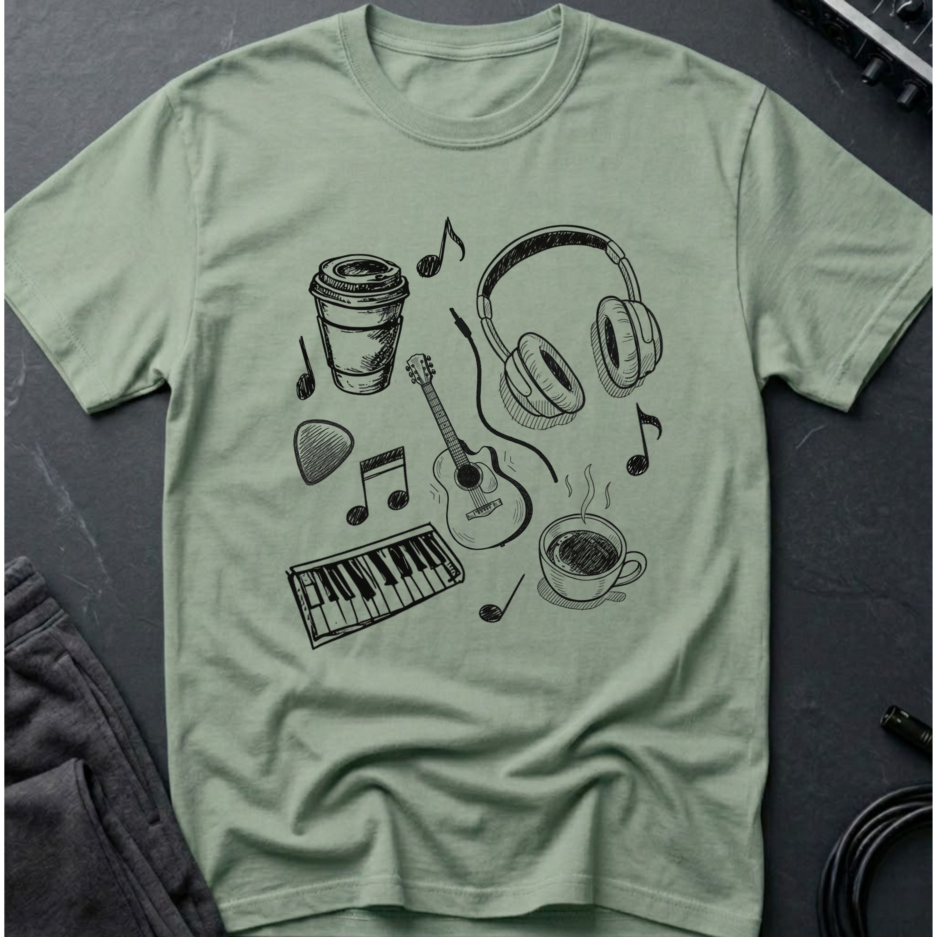 Music Coffee Line Art T-Shirt