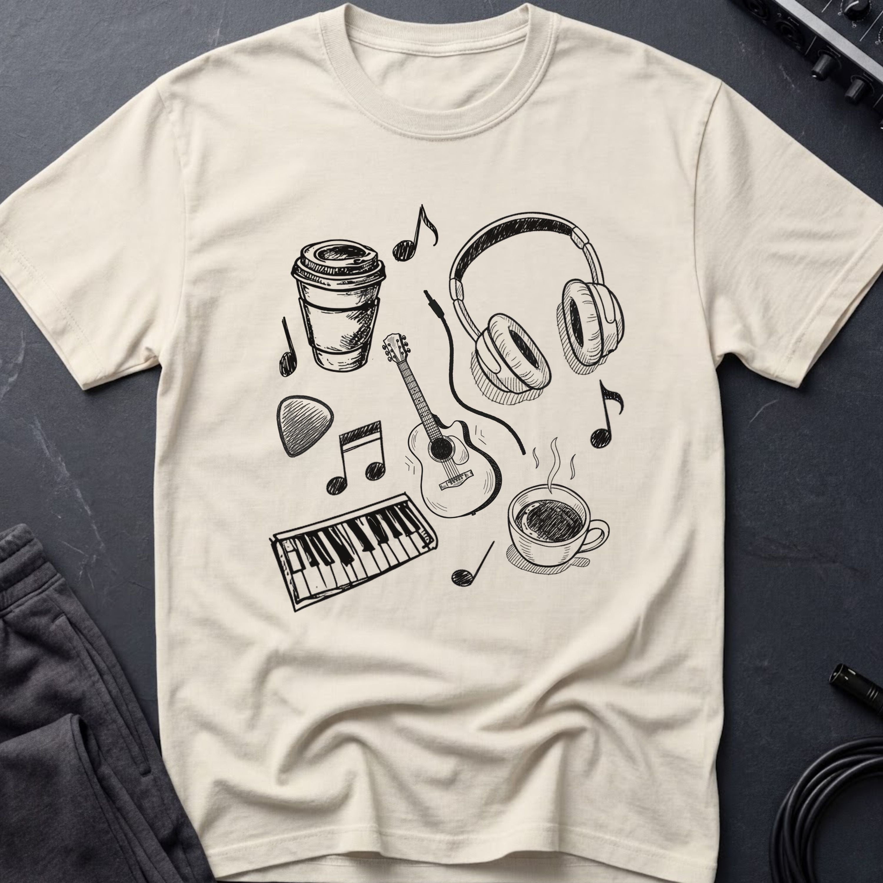 Music Coffee Line Art T-Shirt